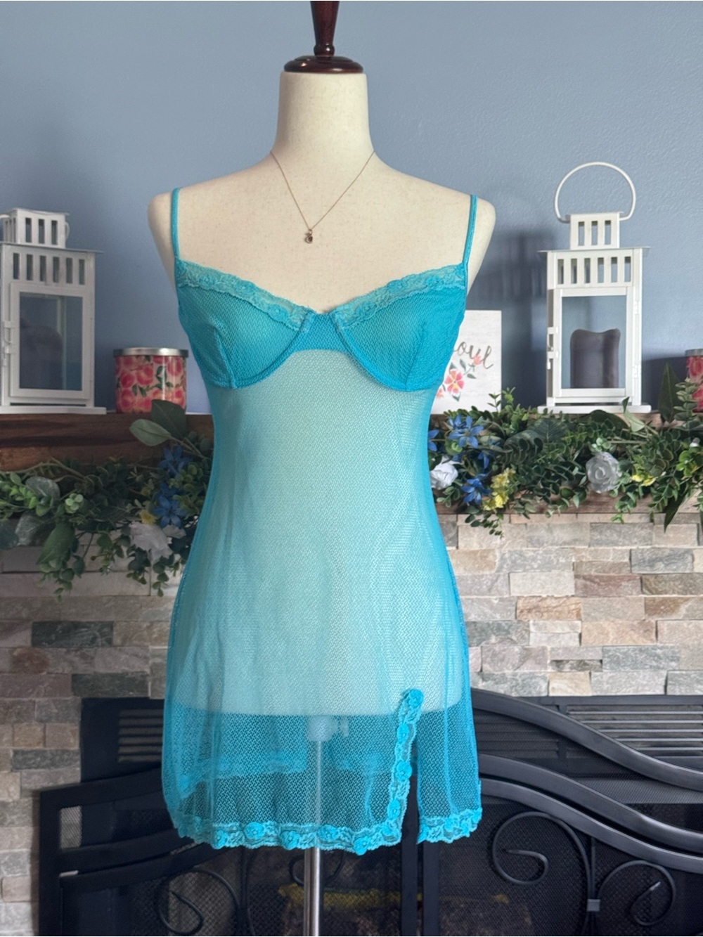 VTG Victoria’s Secret Aqua Blue Fishnet Underwire Babydoll Slip Dress 36C